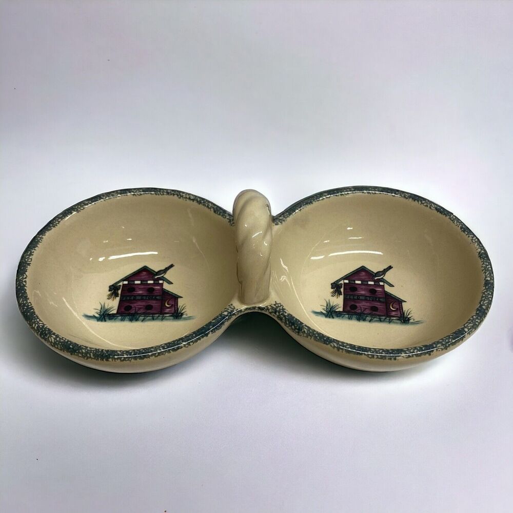 Home & Garden Party Birdhouse 2- part Serving Dish Relish Candy Nut Stoneware